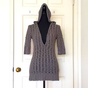 Love Change Grey Crochet Sweater with hoodie and half sleeve.